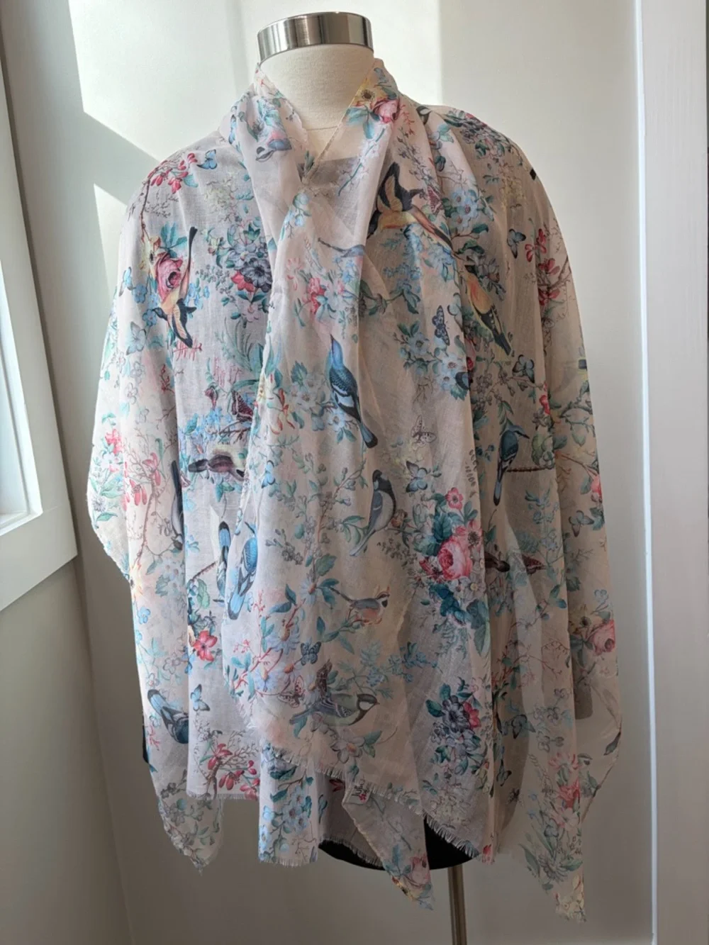 Bindya Lulla Collection Spring Birds And Floral Sheer Scarf Wrap 70” x 28”
